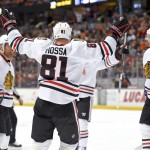 
              Chicago Blackhawks right wing Marian Hossa celebrates after scoring against the Anaheim Ducks during the first period of Game 2 of the Western Conference final during the NHL hockey Stanley Cup playoffs in Anaheim, Calif., on Tuesday, May 19, 2015. (AP Photo/Mark J. Terrill)
            