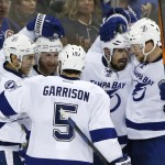
              The Tampa Bay Lightning celebrate a third period goal by center Alex Killorn against the New York Rangers during the third period of Game 7 of the Eastern Conference final during the NHL hockey Stanley Cup playoffs, Friday, May 29, 2015, in New York. (AP Photo/Kathy Willens)
            