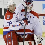 
              Washington Capitals defenseman John Carlson (74) congratulates goalie Braden Holtby (70) after the Capitals defeated the New York Rangers 2-1 in Game 1 of the second round of the NHL Stanley Cup hockey playoffs Thursday, April 30, 2015, in New York. (AP Photo/Frank Franklin II)
            