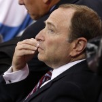               NHL commissioner Gary Bettman watches the first period of a first-round NHL playoff hockey game between the Pittsburgh Penguins and the New York Rangers in Pittsburgh on Wednesday, April 22, 2015.(AP Photo/Gene J. Puskar)
            