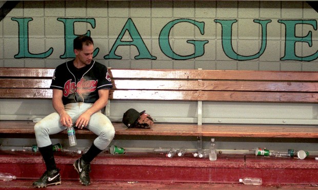FILE – In this Oct. 27, 1997, file photo, Cleveland Indians shortstop Omar Vizquel sits dejec...