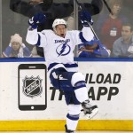 
              Tampa Bay Lightning left wing Ondrej Palat  celebrates his third period goal against the New York Rangers during Game 7 of the Eastern Conference final during the NHL hockey Stanley Cup playoffs, Friday, May 29, 2015, in New York. (AP Photo/Kathy Willens)
            
