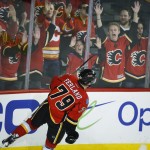 
              Calgary Flames' Michael Ferland celebrates his goal during the first period of Game 4 of NHL hockey second-round playoff action against the Anaheim Ducks in Calgary, Alberta, Friday, May 8, 2015. (Jeff McIntosh/The Canadian Press via AP) MANDATORY CREDIT
            