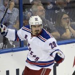 
              New York Rangers left wing Chris Kreider celebrates after scoring a goal during the second period of Game 4 of the Eastern Conference finals against the Tampa Bay Lightning, in the NHL hockey Stanley Cup playoffs, Friday, May 22, 2015, in Tampa, Fla. (AP Photo/Phelan M. Ebenhack)
            