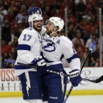 
              Tampa Bay Lightning's Ryan Callahan, right, is congratulated by teammate Alex Killorn after scoring during the first period of Game 3 of the Stanley Cup Finals against the Chicago Blackhawks Monday, June 8, 2015, in Chicago.  (AP Photo/Nam Y. Huh)
            