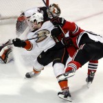
              Anaheim Ducks defenseman Sami Vatanen (45) checks Chicago Blackhawks center Jonathan Toews, right, during the third period in Game 4 of the Western Conference finals of the NHL hockey Stanley Cup playoffs, Saturday, May 23, 2015, in Chicago. (AP Photo/Charles Rex Arbogast)
            