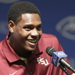 
              Florida State's Jalen Ramsey smiles while responding to questions during the ACC NCAA football kickoff in Pinehurst, N.C., Monday, July 20, 2015. (AP Photo/Gerry Broome)
            