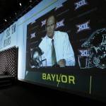 
              Baylor head coach Art Briles addresses attendees at the NCAA college Big 12 Conference Football Media Days Tuesday, July 21, 2015, in Dallas. (AP Photo/Tony Gutierrez)
            