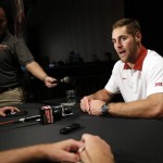 
              Oklahoma linebacker Trevor Knight addresses questions from reporters during Big 12 Conference Football Media Days Tuesday, July 21, 2015, in Dallas. (AP Photo/Tony Gutierrez)
            