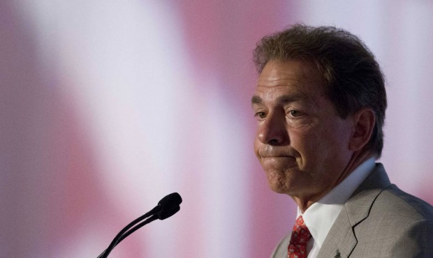 Alabama coach Nick Saban speaks to the media at the Southeastern Conference NCAA college football m...