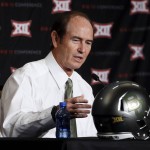 
              Baylor head coach Art Briles responds to questions about the team's newly designed helmet at the NCAA college Big 12 Conference Football Media Days Tuesday, July 21, 2015, in Dallas. (AP Photo/Tony Gutierrez)
            