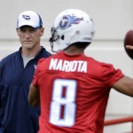
              Tennessee Titans head coach Ken Whisenhunt watches as quarterback Marcus Mariota (8) throws during a rookie minicamp practice Friday, May 15, 2015, in Nashville, Tenn. (AP Photo/Mark Humphrey)
            