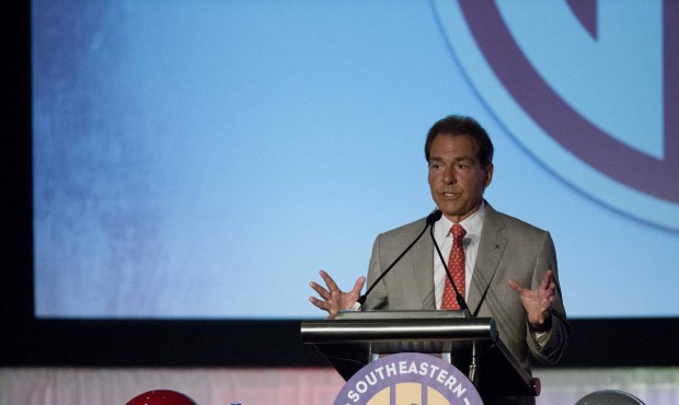 Alabama coach Nick Saban speaks to the media at the Southeastern Conference NCAA college football m...