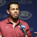 
              Florida State's Roberto Aguayo responds to questions during the ACC NCAA football kickoff in Pinehurst, N.C., Monday, July 20, 2015. (AP Photo/Gerry Broome)
            