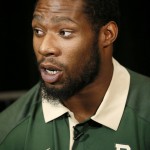 
              Baylor defensive end Shawn Oakman responds to questions at the Big 12 Conference Football Media Days Tuesday, July 21, 2015, in Dallas. (AP Photo/Tony Gutierrez)
            