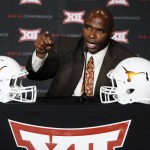 
              Texas head football coach Charlie Strong responds to questions during the NCAA college Big 12 Conference Football Media Days Tuesday, July 21, 2015, in Dallas. (AP Photo/Tony Gutierrez)
            