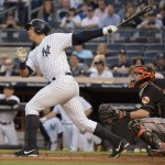 
              New York Yankees' Alex Rodriguez, left, hits a sacrifice fly to score Jacoby Ellsbury during the first inning of a baseball game against the Baltimore Orioles, Friday, May 8, 2015, at Yankee Stadium in New York. (AP Photo/Bill Kostroun)
            