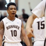               St. Bonaventure Bonnies Jaylen Adams (10) celebrates following a basket during the second half of an NCAA basketball game against VCU at the Reilly Center in St. Bonaventure, New York, Saturday, Feb. 7, 2015. St. Bonaventure defeated VCU 73-71. (AP Photo/Jen Fuller)
            