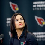Arizona Cardinals training camp coach Dr. Jen Welter speaks, Tuesday, July 28, 2015, at the teams' training facility in Tempe, Ariz. Welter is believed to be the first female to hold a coaching position of any kind in the NFL and will be member of the Cardinals coaching staff throughout training camp and the preseason, working with inside linebackers. (AP Photo/Matt York)