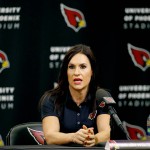 Arizona Cardinals training camp coach Dr. Jen Welter speaks, Tuesday, July 28, 2015, at the teams' training facility in Tempe, Ariz. Welter is believed to be the first female to hold a coaching position of any kind in the NFL and will be member of the Cardinals coaching staff throughout training camp and the preseason, working with inside linebackers. (AP Photo/Matt York)